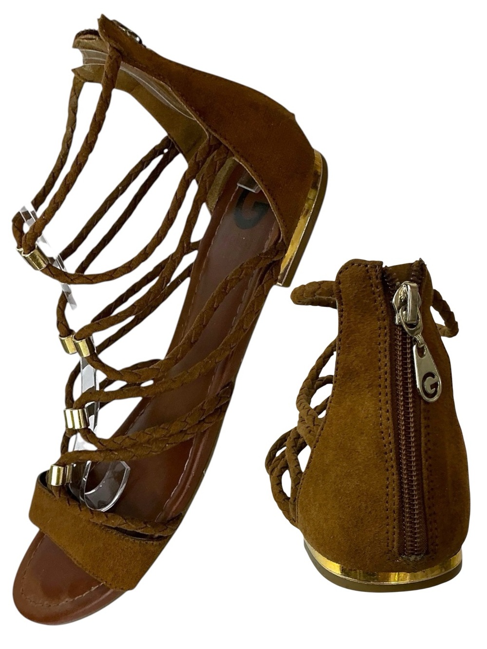 Guess Gladiator Sandals Suede Leather Strappy Gold Accents Brown 8 1/2 Medium